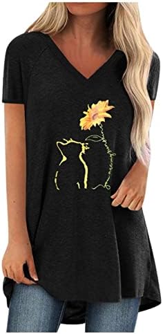 Излегувајќи врвови за жени, лабава маица со кратки ракави тренингот сончоглед мачки печати против вратот блуза обични маички маици маички