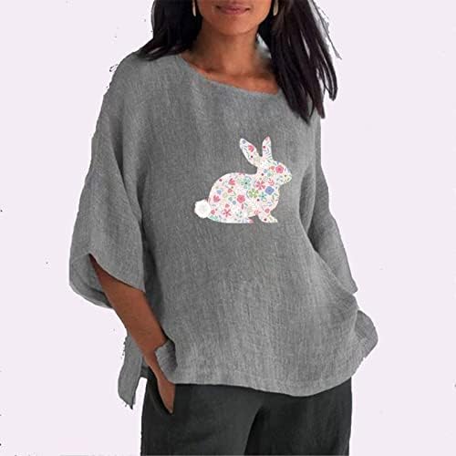 Womenените среќна велигденска маица симпатична зајаче графичка обична мачка топ 3/4 ракав памучни постелнини блузи меки удобни пуловер