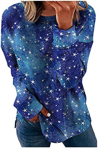 Балаки женски вратоврска боја екипаж, џемпери на екипаж, starвездени starвездички печатени кошули со долги ракави, лабави врвови на врвови
