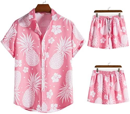 Houkai Машка розова ананас печати кратки ракави шорцеви од двојно парчиња костуми мажи мажи