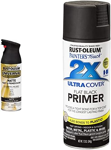 Rust-Oleum 330505 Universal All Surface Spray Paint, 12 мл, мат фарма куќа црна и 249846 сликарски допир 2x ултра покритие, 12 унца, рамен црн