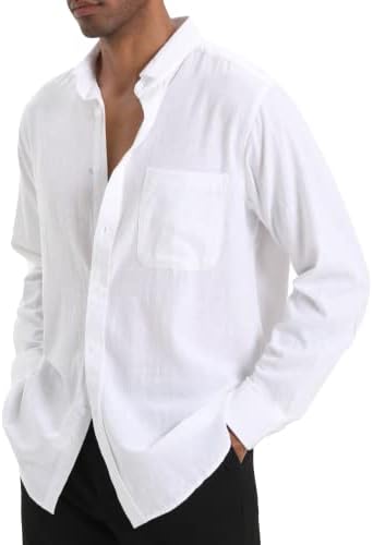 Јаогро памучни ленени кошули на плажа: Машко лежерно копче надолу со долг ракав лабава фустан кошула со џебни врвови