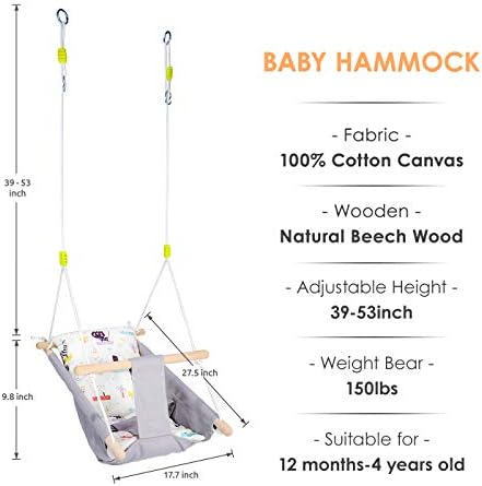 Бебе замав за бебе и дете, платно бебешко хамак замав затворено и на отворено со безбедносен појас и хардвер за монтирање, дрвена висина