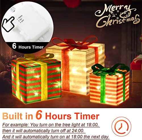 Сет од 3 божиќни осветлени кутии за подароци-Божиќни партнери со 60 LED светла 3 лакови, 6-часовен тајмер, батерија и USB приклучок за