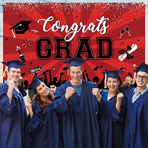 Црвен и црно дипломирање Банер 2023 година Честитки за дипломирање за украсување на забави за зачувување, голема позадина на дипломирање на
