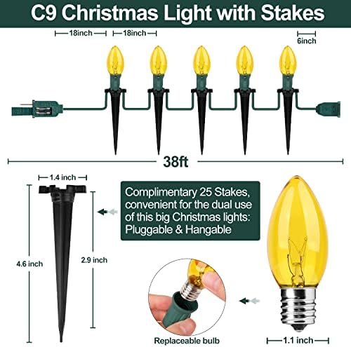 38ft C9 Божиќни светла на отворено Божиќни патеки светла, гроздобер топло жолти големи божиќни светла за Божиќни патеки светла на патеки