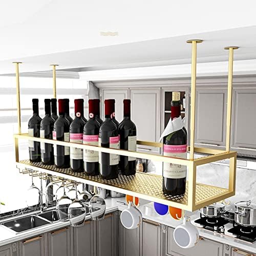 Keppd лебдечка полица за вино со стаклена држач метална таванска тавана за вино со стаклена полица за вина за складирање на вино