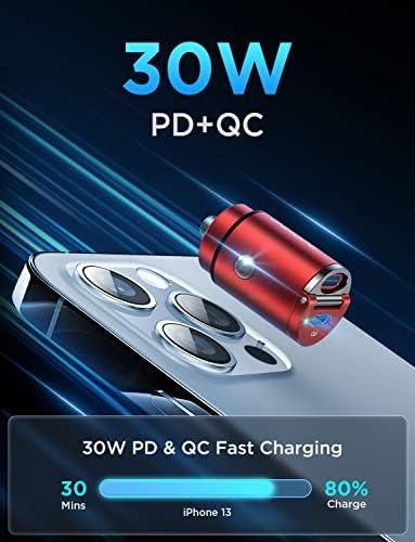 USB C Car Charger, PD 30W & PPS 25W & QC3.0 18W Ainope USB C Car Побрз полнач, најмал и метален полнач за автомобили од типот на каросерија,