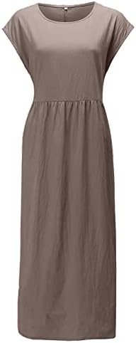 Фустани за жени, женска летна обична цврста боја со цврста боја, без врат, лабав џеб за боење на памук
