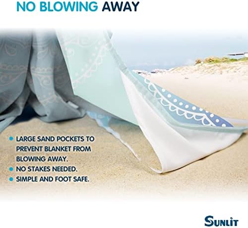 Сончев свиленкаста мека 85 x72 Бохо песок доказ за плажа ќебе, доказ за песок, со аголни џебови и торба за мрежи за забава на плажа, патување,