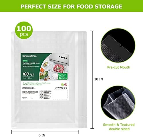 Bonsenkichen вакуумски заптивки торби 100 кварта 6 x 10 ', БПА бесплатно, комерцијална оценка за текстурирана храна за вакуумска