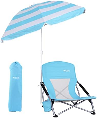 Чаир на плажа WGOS, стол на плажа и чадор, преклопување на стол на плажа, столици за плажа за возрасни, низок плажа стол, одвојлив чадор