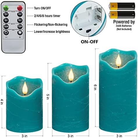 Yongmao Teal Flamless Candles Батерија оперирана столб РЕАЛНО восок сини свеќи LED Електрични свеќи 3Д Вик Фликер со 10-клуч далечински