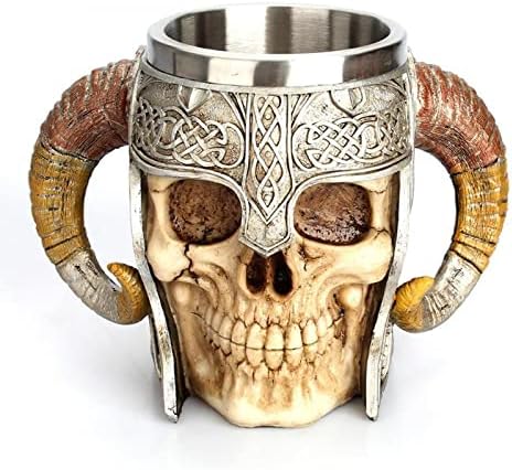 JSXLJ Не'рѓосувачки челик Викинг череп кригла, двојна рачка со череп со череп пиво чанта, средновековна кригла за пијалоци за череп за кафе/пијалок/сок