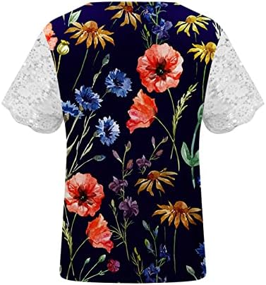Трендовски маички за жени со капчиња чипка против вратот блуза цветни печати кратки ракави манчиња летни елегантни врвови