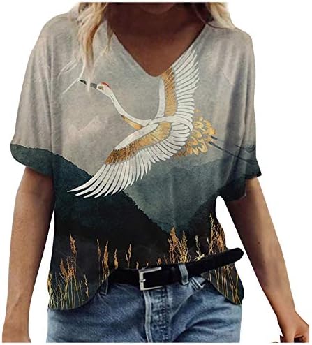 Лето симпатична печатена маица за жени против кратки ракави на вратот Обични удобни врвови лабава фит блуза