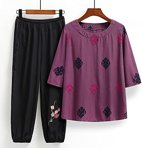 2 парчиња облека за жени плус големина лето лето -лабава лабава постари жени салон поставуваат кошули со кратки ракави и панталони