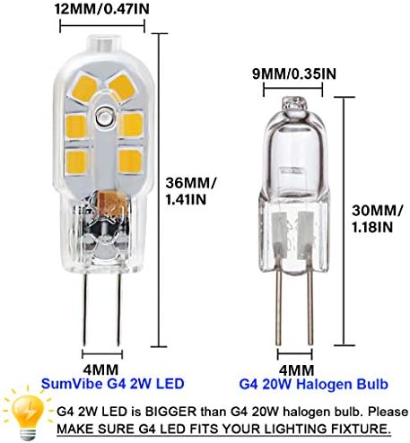 SUMVIBE G4 LED Сијалица, 20w Халогена Сијалица Замена, 2 Вати G4 Светилки Би-Пински База,AC / DC 12 Волти Топло Бело 3000K, Не-Затемнувачки, 10-Пакет