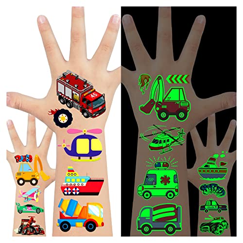 Leesgel 24 листови CAR Привремени тетоважи за деца, транспорт на камиони Сјај во налепници на темни тетоважи, градежни возила роденденски