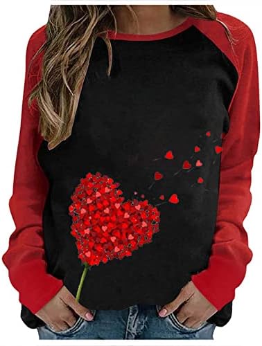 Денот на в Valentубените кошула за женски loveубовни срцеви печатени графички врвови во боја блок со долг ракав Раглан блуза пуловер