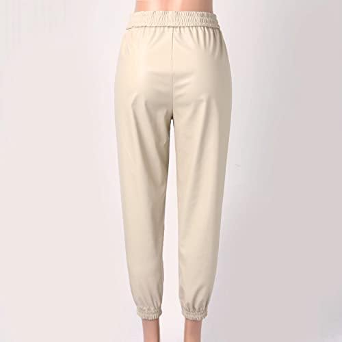 Женски faux pu кожни панталони со џокери со високи половини, обични лабави панталони со џебови цврсти бои џемпери