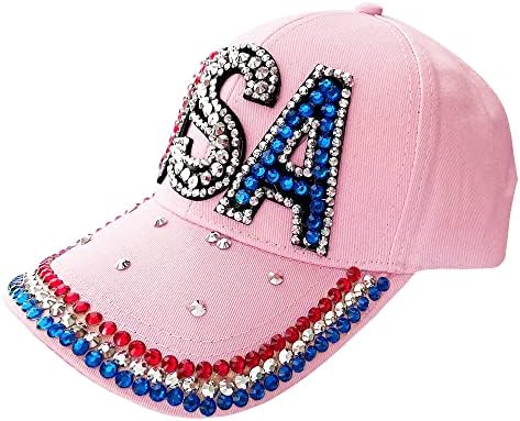 Gamusi Unisex USA American Flag Baseball Cap Denim Drinsed Rhinestone Hat за возрасни
