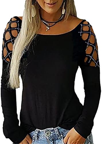 Angенска цврста боја на женските врвови од рамото за жени секси секси долги ракави, блузи со маици со маици