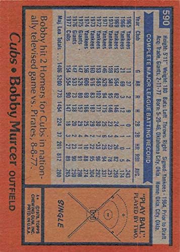 1978 Блузи 590 БОБИ Мурсер Чикаго Младенчиња МЛБ Бејзбол Картичка ЕКС Одличен
