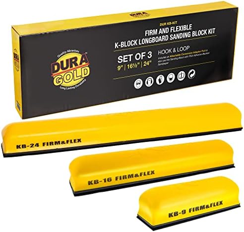 Dura-Gold Pro Series K-Block Sander Firm & Flex Hand Block Block Комплет со подлога на кука и јамка и подлога за адаптер за PSA и ролна од шкурка од 40 решетки