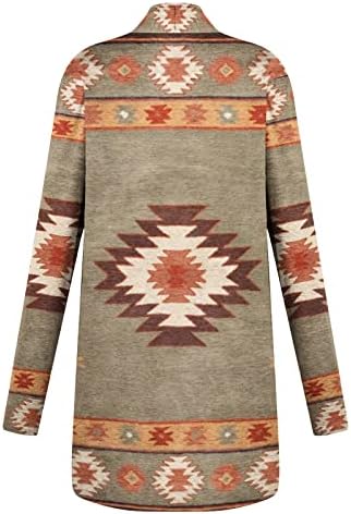 Womenените западни етнички Ацтеки Долги кардигани гроздобер графички отворено предна облека со долги ракави обични лесни палта