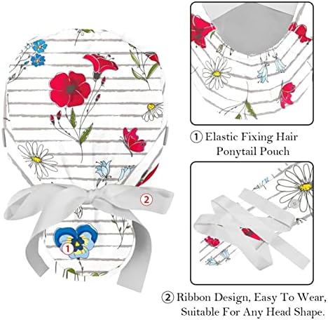 Медицински капаци на Lorvies за жени со копчиња долга коса, 2 парчиња прилагодливо работно капаче, цветни цветни ленти разнобојни