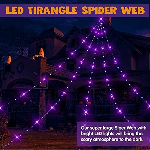 Декорациите за Ноќта на вештерките на oyоин предводени триаголни пајаци, 15,7 x 19,7 стапки Огромни пајаци веб -светло со 500 LED виолетови