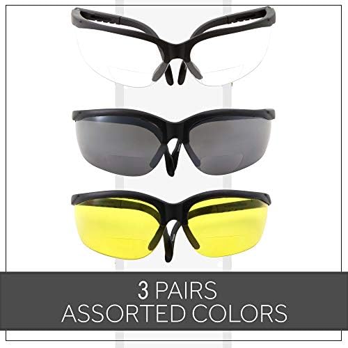 GlinderPunch 3 пара комбо бифокално безбедносно читање очила - разновидни бои чисти црни жолти леќи - со странична обвивка