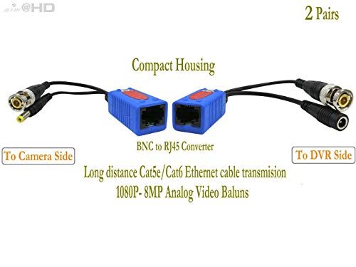 AIMHD 2 пар BNC до RJ45 Пасивни видео балуни со моќност за 1080p - 8MP надградба на CCTV Home Security Camera Camera CAT5E System Video