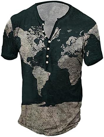 Xxbr mens henley кошули 3D ретро потресен светски мапа за печатење копче v вратот на вратот на летото кратка кошула за обична плажа