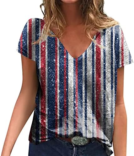 Oclun кратки ракави блузи за жени лето на 4 јули патриотски принт v вратот на облеката трендовски блуза кошула обични маички