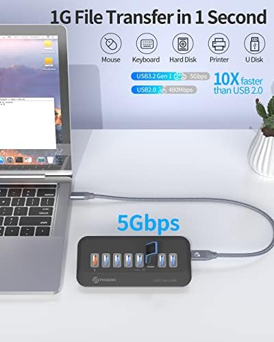 PHIXERO USB 3.0 Hub, 5GBPS USB Порт Центар со 3.3 ft USB A До C Прав Агол Кабел, Пренослив USB Сплитер, USB Центар ЗА Лаптоп, КОМПЈУТЕР,
