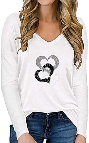 Плус големина врвови со долг ракав за жени слатки срцеви графички маички блуза случајно лабава вклопена секси секси V-врат пуловер