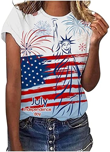 Тинејџерски девојки 4 -ти јули Графички лабава лабава вклопени врвови на екипаж блузи маички со кратки ракави за бренд есен летни врвови