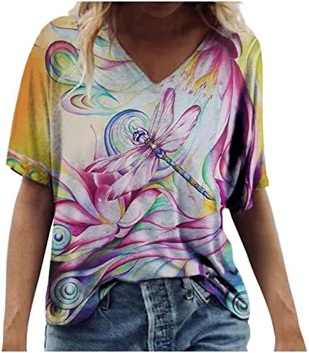 Narhbrg лето 3/4 кошули со ракави Туника врвови женски девојки слатки цртани филмови за печатење маички тркалезни вратот шарена лабава