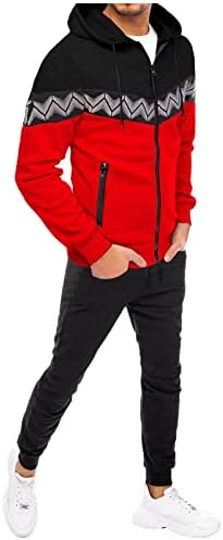 Машка дво-парчиња сетови јакна од панталони шари за шиење патент џеб, облечена во качулка, облечена во потта за мажи црвени