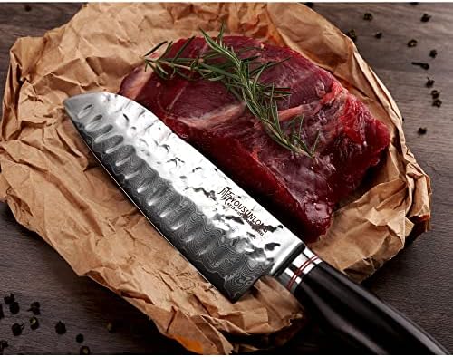 Yousunlong Santoku нож 7 инчен готвач нож - јапонски зачукуван челик Дамаск - природна рачка со вода со кожна обвивка