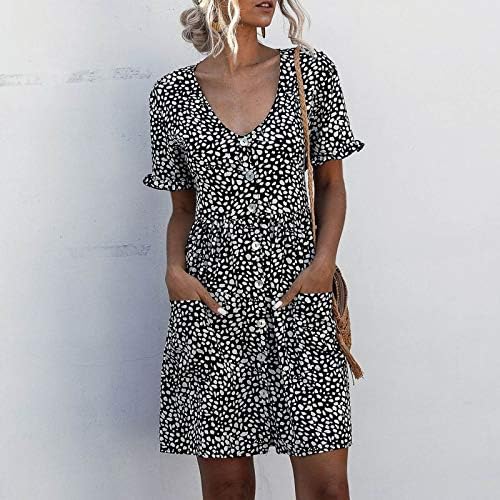 Копче за употреба на туничен фустан за жени лето кратки ракави против печатење на вратот џеб лабав рушеран замав фустан