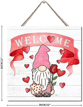 Дрво знаци Денот на вineубените гном добредојде дрво палета плакета дрвена штица дизајн виси знак розово срце балони цветни рустикални