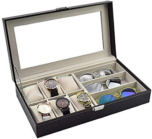 КУТИЈА За Накит XJJZS - Pu Кожа Јасен Капак Кутија За Складирање Накит Изложба Организатор со 3 Решетки 6 за Очила и Часовници