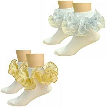 Наделка 2 пара девојки Рафли чорапи Голема двојна чипка, ладна трим фустани чорапи, дете, бебе принцеза Туту забава златни чорапи