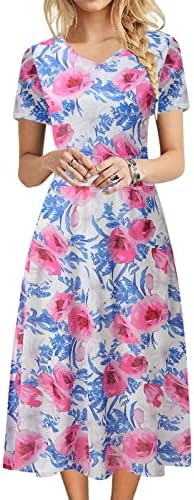 Дами обични фустани со џебови лето цветни принтрики кратки ракави макси фустан со висок половината лабава долг фустан
