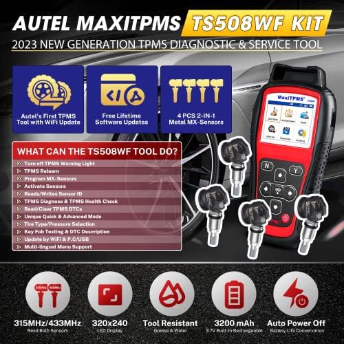Autel MaxItpms TS508WF комплет TPMS алатка, 2023 година најновата WiFi Ver. од TS508 TS501 TS408 W/ 4PCS 2-во-1 Press-in MX-сензори [вредност