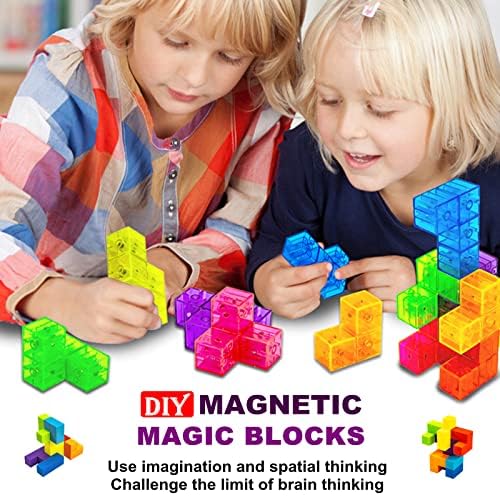 Оксија магнетски градежни блокови магични магнетни 3Д -мозаични коцки, сет од 7 мулти форми магнетски блокови со 54 картички за водичи