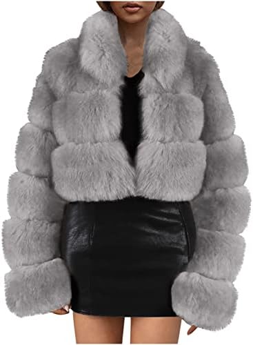lcepcy Фазински јакни за жени топло зимско бушаво кратко палто меки цврсти бои со крзнени палта модни долги ракави за надворешна облека